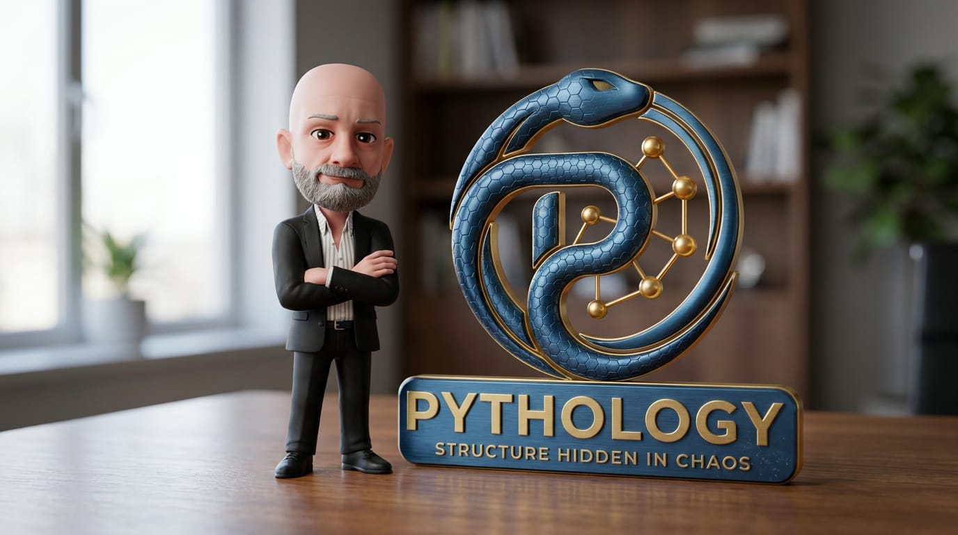 Pythology founder beside the blue-and-gold Pythology emblem